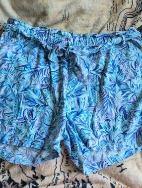 Stella Parker Collection Medium Blue Tropical Print Linen Blend Shorts